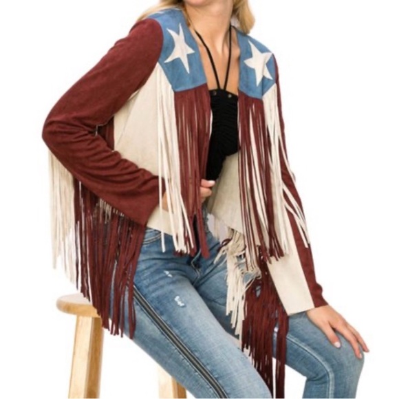 Vocal Apparel fringe faux suede American flag jacket sz XL NWT Red, white& blue - Picture 9 of 9